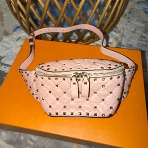 Valentino Garavani Pink Quilted Studded Leather Crossbody Belt Bag